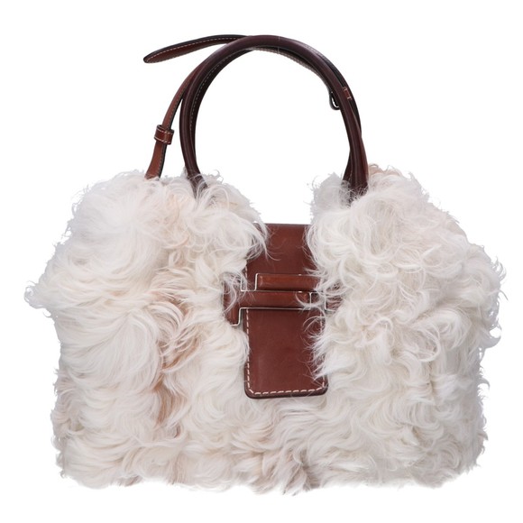 TOD'S CT39 Double T Real Fur 2-Way Tote Bag in White and Brown - Picture 1 of 9